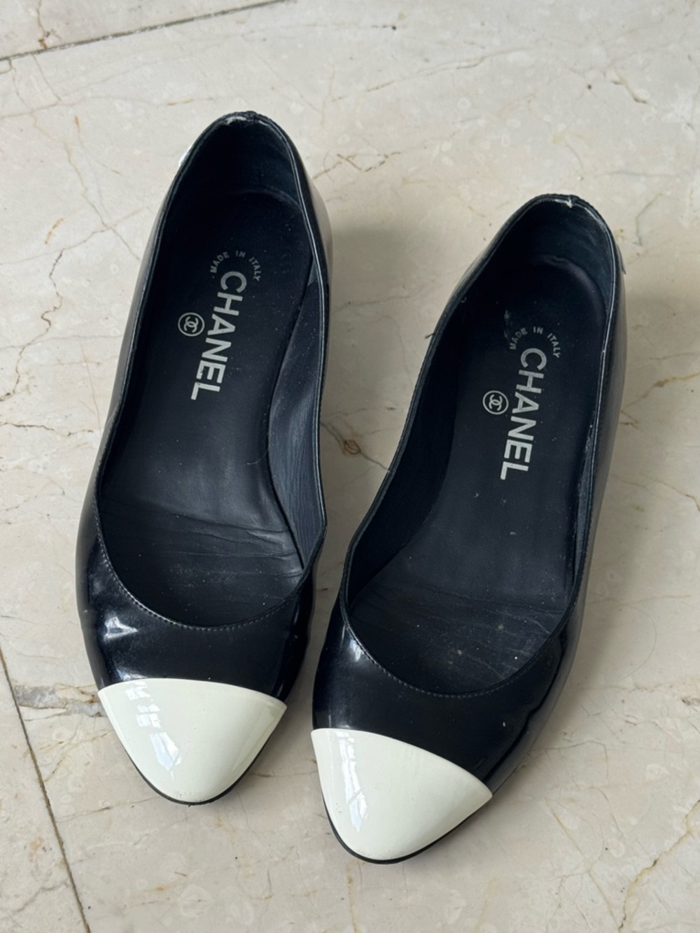 AUTHENTIC CHANEL Black with White Cap-Toe Patent Leather Flats
